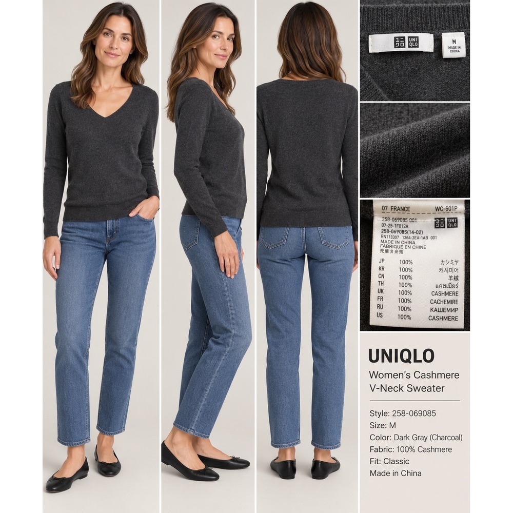 Uniqlo Womens 100% Cashmere V-Neck Sweater Charcoal Gray Size M 258-069085